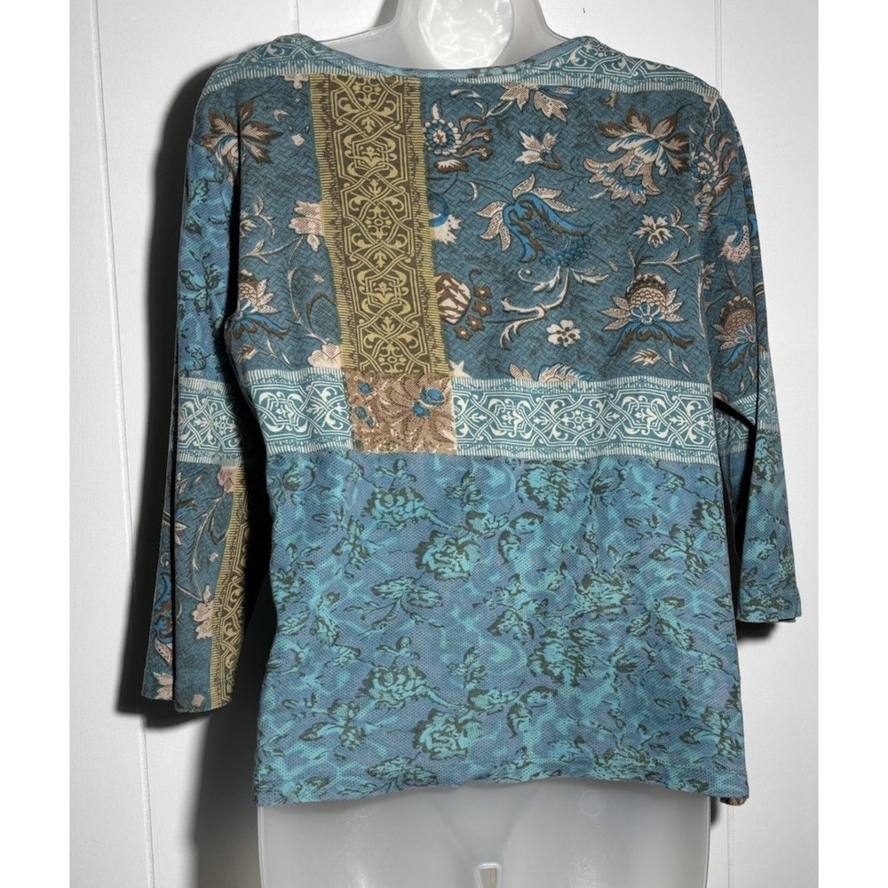 Vintage Grunge Y2K Textured Patchwork Lace Print 3/4 Sleeve Top Teal Tan M - Picture 2 of 12